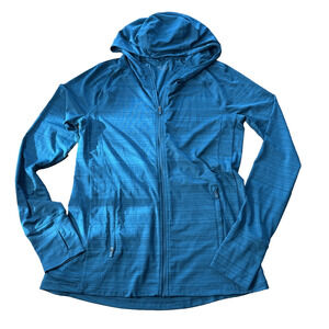 Athleta Womens Full Zip Jacket Hoodie Blue Teal Stripe Thumb holes Gym Size S